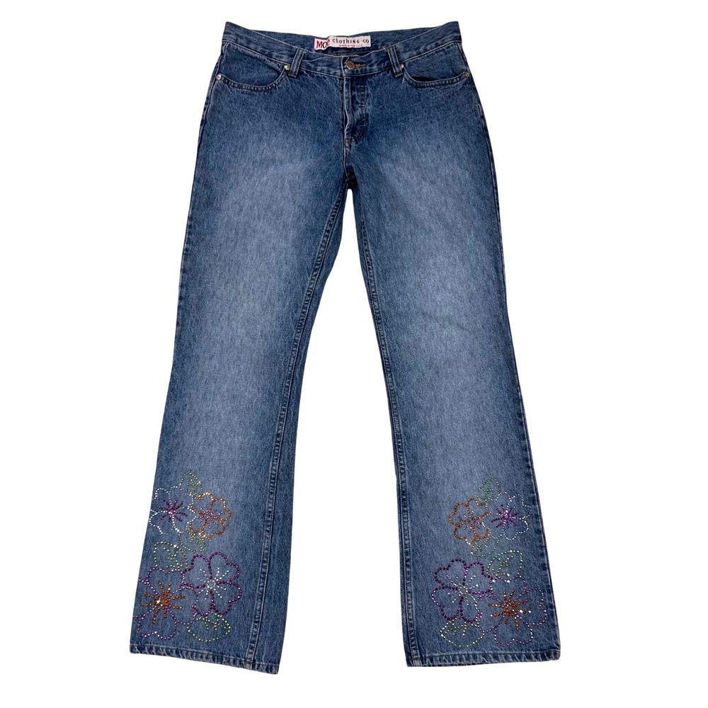 Moe Clothing Co Vintage Y2K Rhinestone Flower Flare Jeans Medium Wash Blue‎ 11